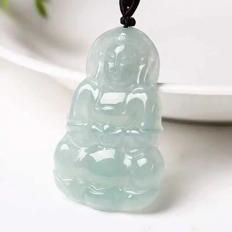 Men's Ice-Permeable Scupture of Mercy Goddess Bodhisattva Jade Pendant Necklace