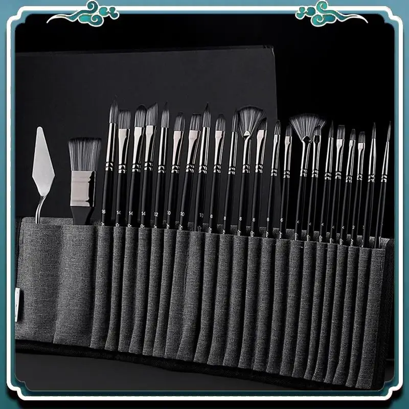 Easy To Use 25Piece Paint Brush Set,Wooden Handled Brushes With Canvas Brush Case, Professional Oil, Acrylic And Watercolor Pain