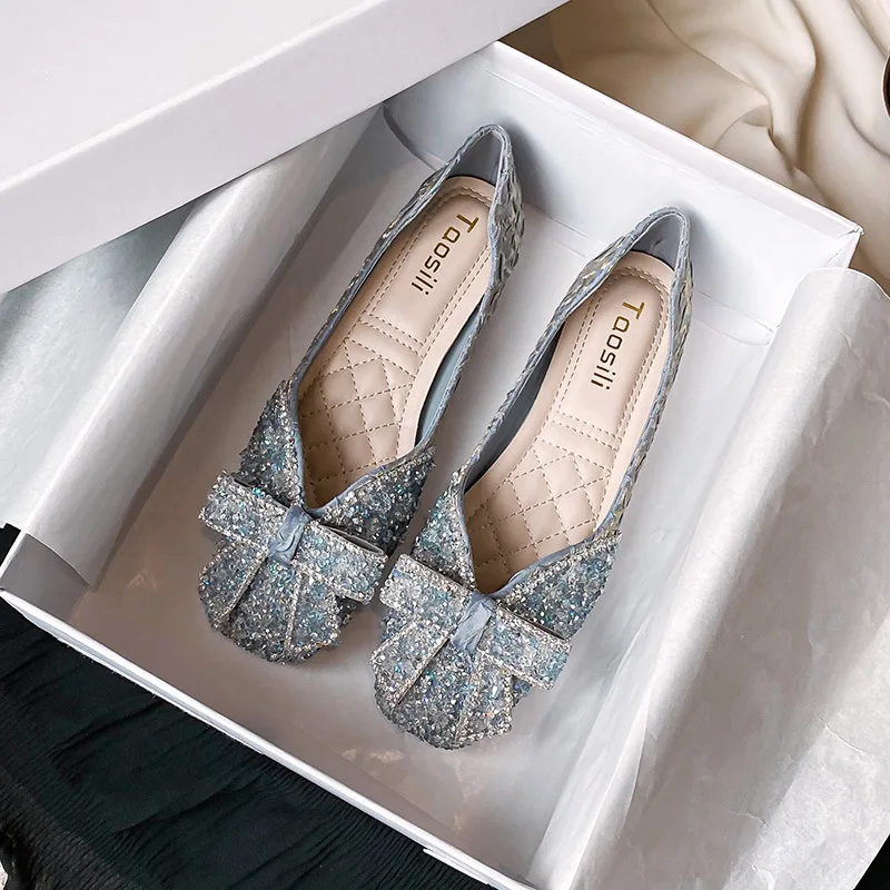Elagant-zapatos planos con lazo de cristal para mujer, mocasines de piel suave de boca baja, bailarinas con lentejuelas de cristal, talla grande 43