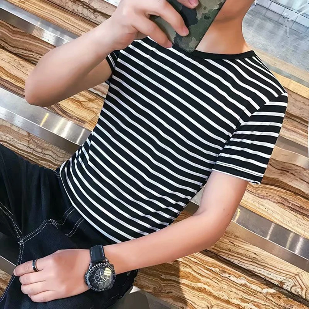 Short Sleeve T-Shirt 1pcs Clothing Accessories Homme O-Neck Streetwear Stripe Slim Fit High Quality Confortable