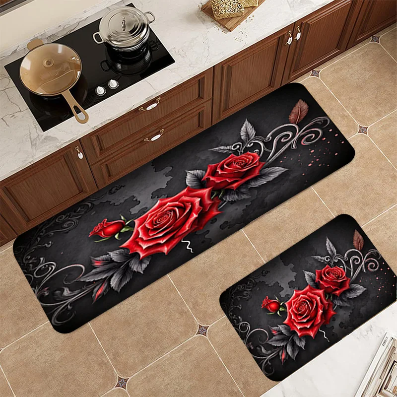 Gothic Red Rose Kitchen Rug Set 3Pcs Dark Floral Vintage Scrollwork Print Non-Slip Floor Mat Romantic Gothic Home Decor Carpet