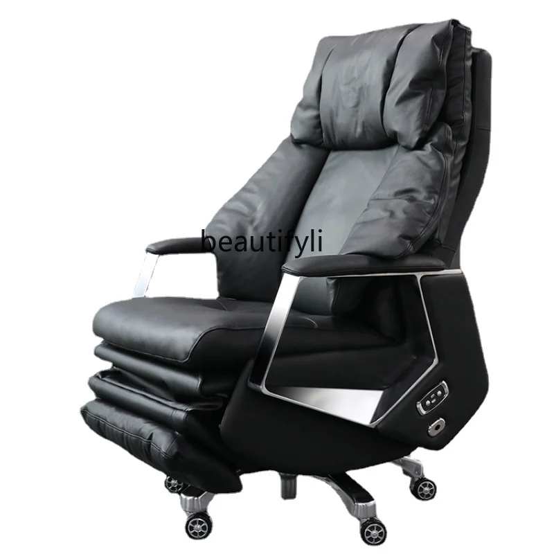 Office President Comfortable Genuine Leather Modern Simple Lifting Long Sitting Reclining Electric Executive Chair