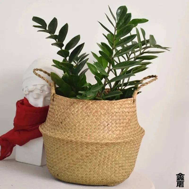 Cesto Organizador de Brinquedos em Vime Dobrável, Cesto de Armazenamento em Rattan e Fibra Natural, Cesto de Lavanderia Trançado, Vaso para Plantas e Flores para Casa e Jardim