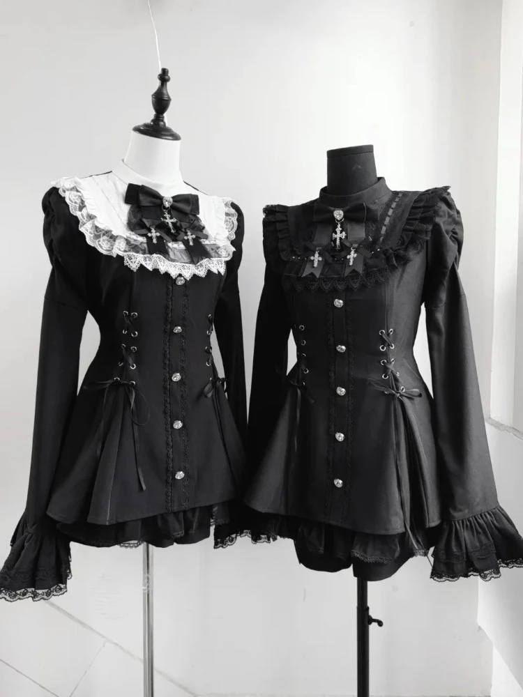 Y2k Ästhetisches Lolita-Stil Schleife Kleid Shorts Set Japanische Frauen Gothic Spitze Flare Ärmel Knopf Hemd Kleid Punk Party Minikleid