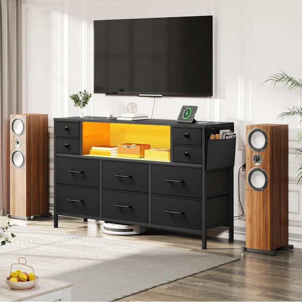 YITAHOME 55 Meuble TV avec station de chargement, table console multimédia pour commode à 10 tiroirs avec rangement latéral