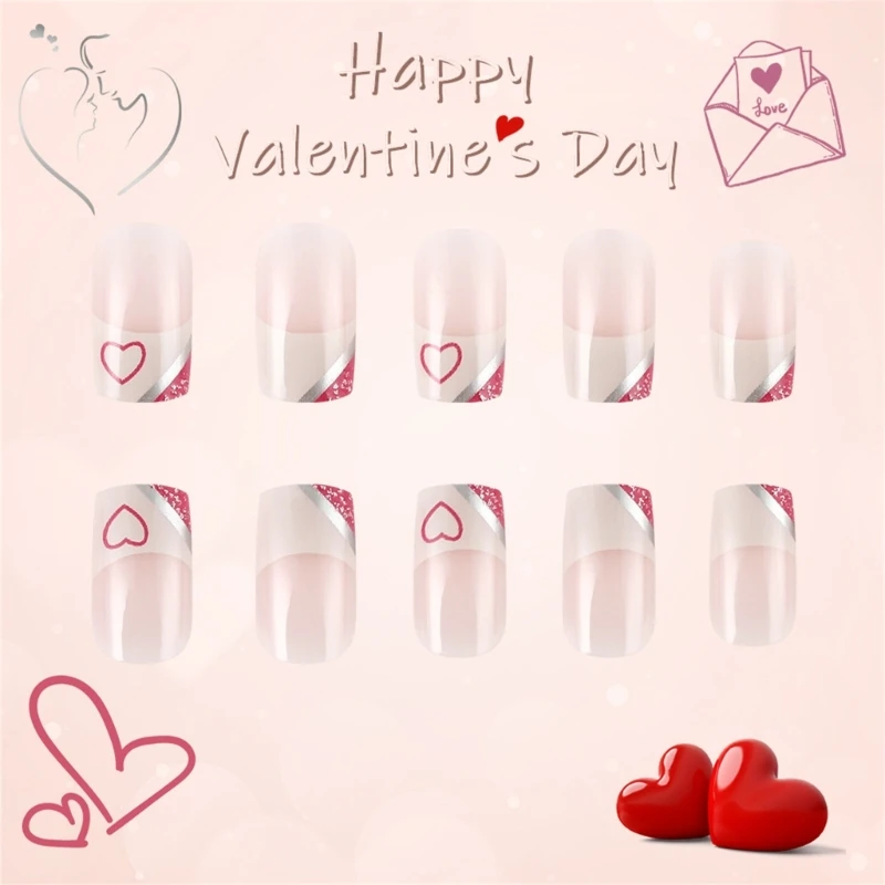 24 Pcs Heart Press On Full Cover on Valentines Day False