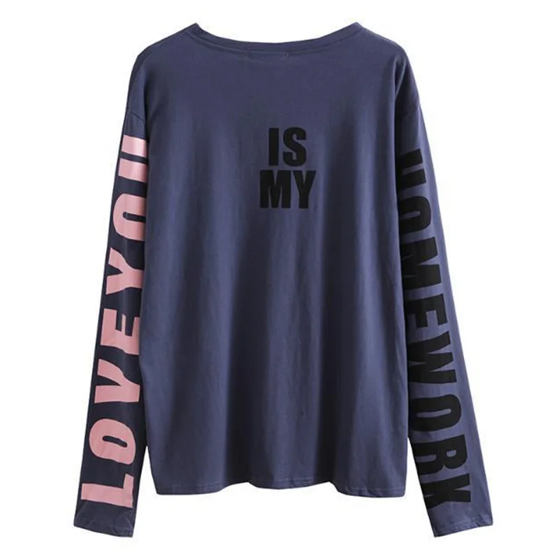 Spring Autumn Fashion Letter O-neck T-Shirt Women Clothing Sweet Printing Pullover Thin Long Sleeve Pullovers Femme Casual Tops