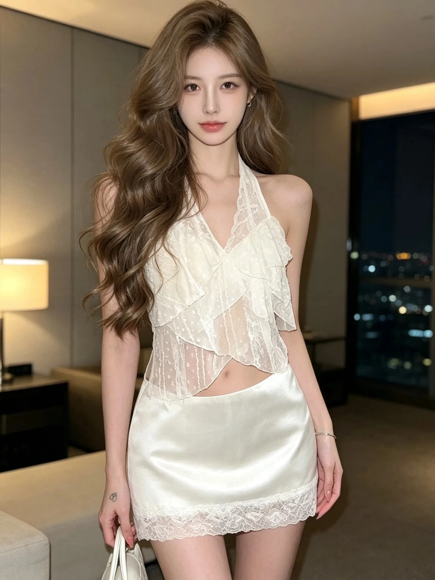 Satin Lace Patchwork Design Half Skirt Women's Slim Fit Short Skirt Sexy Pure Desire Autumn New Style Commute High Waist Zipper