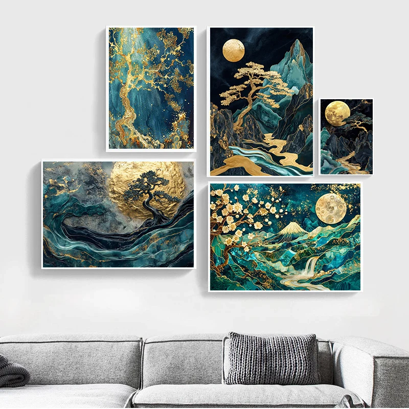Abstract Moon Mountain Posters Classic Japanese Landscape Golden Modern Prints Canvas Wall Art Pictures Home Living Room Decor