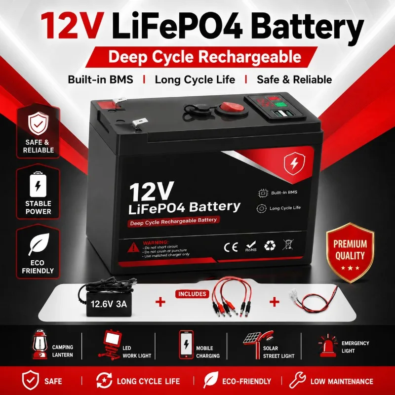 12V 20Ah LiFePO4 Battery for LED Emergency Lamp Fishing Light Camping Light Solar Street Lamp Outdoor Monitoring System Battery