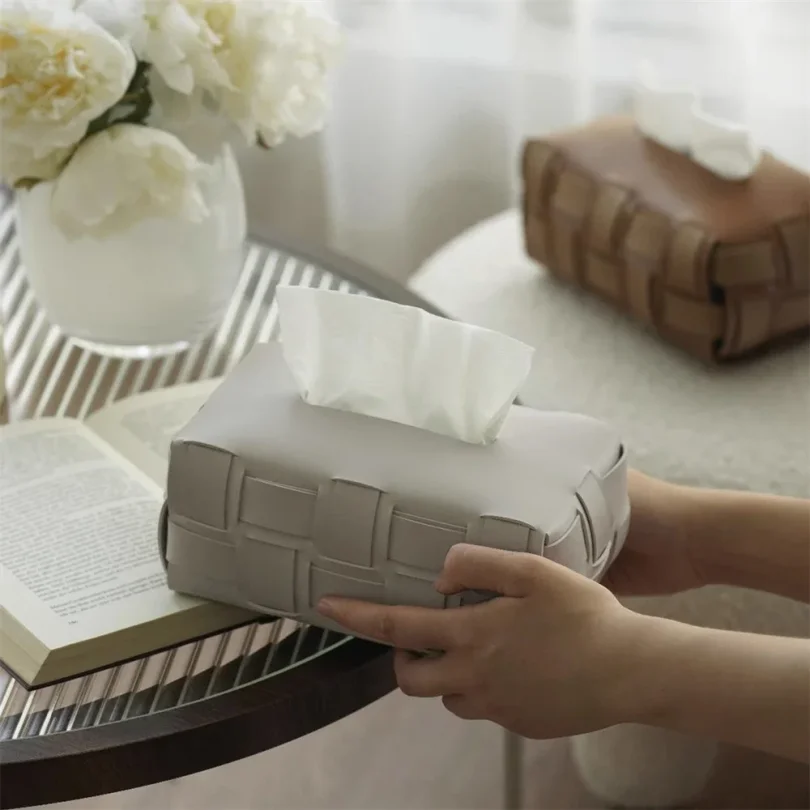 PU Leather Paper Holder Double Plaid Woven Tissue Box Luxury Desktop Napkin Organizer Home Creative Handkerchief Towel Cover