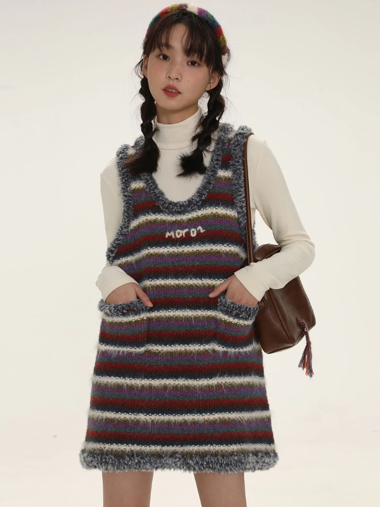 Vintage Y2k Vest Dress V-neck Sleeveless Knitting Dresses for Women Splicing Faux Fur Stripe Contrast Color Vestidos De Mujer