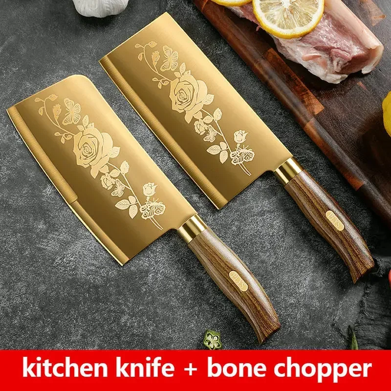 Luxury Gold Kitchen Knife Set Stainless Steel Blade with Golden Titanium Plating Chef Knife Set for Kitchen Fruit Knife Cleaver