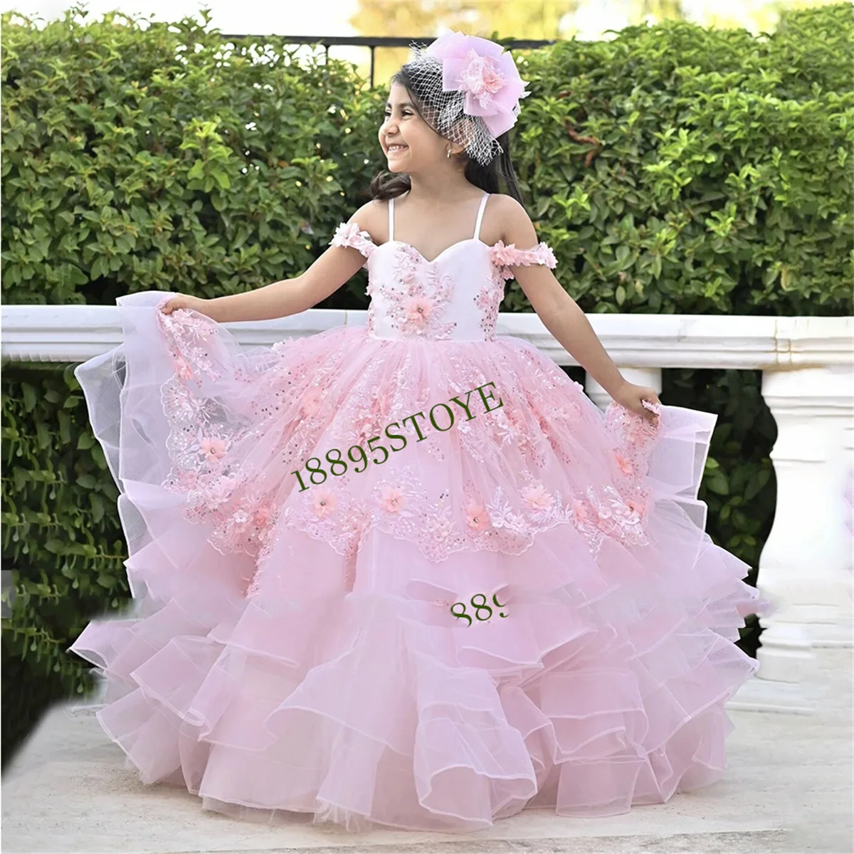 

Puffy Pink Princess Ball Gown Flower Girl Dress For Wedding 2023 Sweetheart Lace Appliques Birthday Party First Communion Gowns