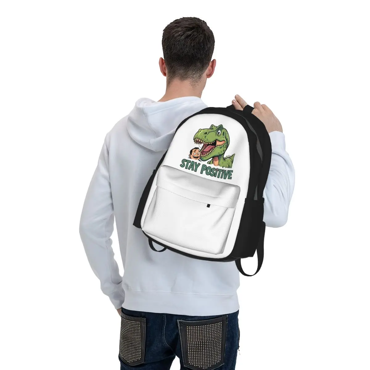Stay Positive Funny T-Rex Dinosaur Sticker Backpack Boys Girls BookBag Kids School Bag Computer Shoulder Bags for Men Women