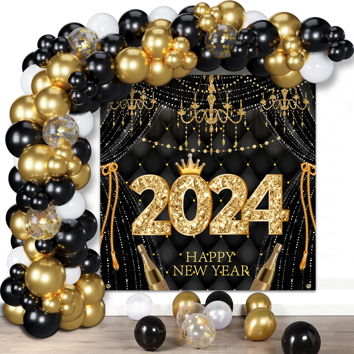 2024 New Year Party Black Gold Balloon Background Set Happy New Year Decoration Backdrop Kids Gifts Christmas Party Supplies