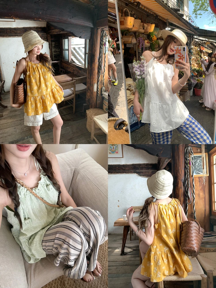 

Imxiang летний свободный хлопковый кукольный топ с цветочной вышивкой и поясом, женская верхняя одежда, милый хлопковый жилет китайского бренда с ремешком