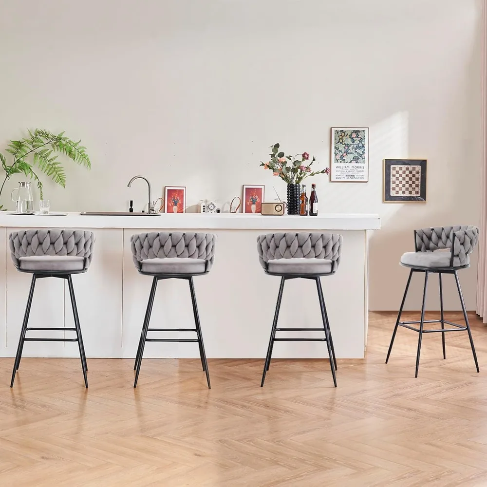 

26inch Bar Stools Set of 4,360° Swivel Counter Height Bar Stools, Suede Fabric Modern Stool Chairs with Woven Back and Footrest