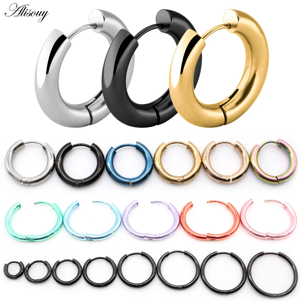 Alisouy 2pcs Black Rose Gold Color Tone Stainless Steel Hoop Earrings Round Loop Earring Men Women Big Size Hyperbole Jewelry