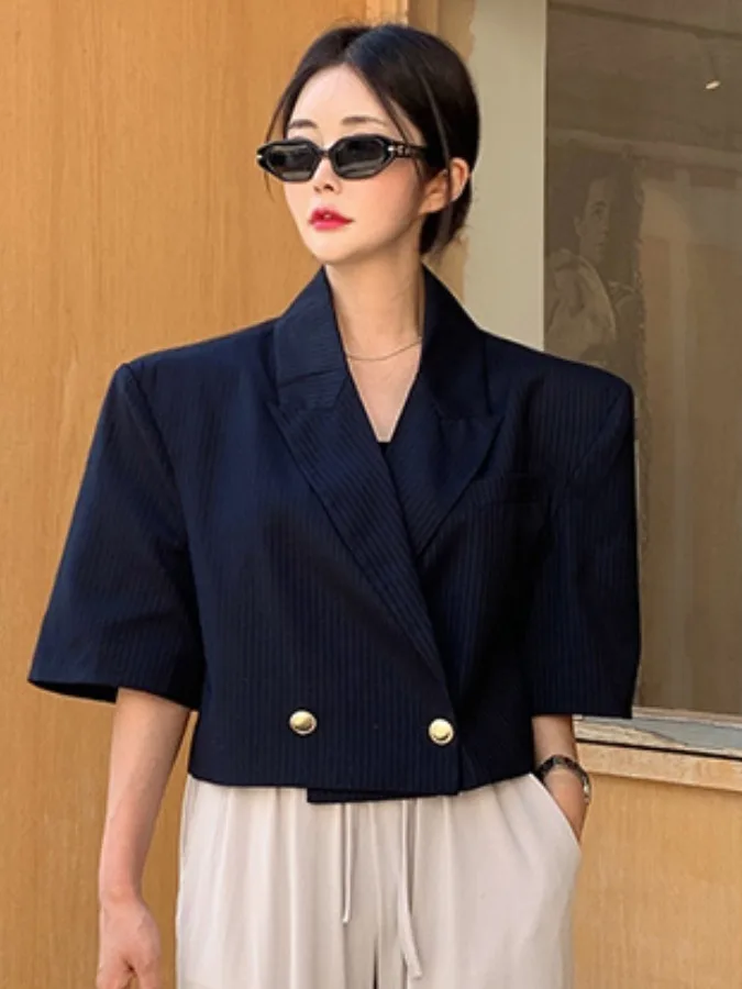 

Ele Stripe ort Sve Jaet Women's Summer New Vintage Loose Fit Top Double Buttoned Casual Sle Commute Faion