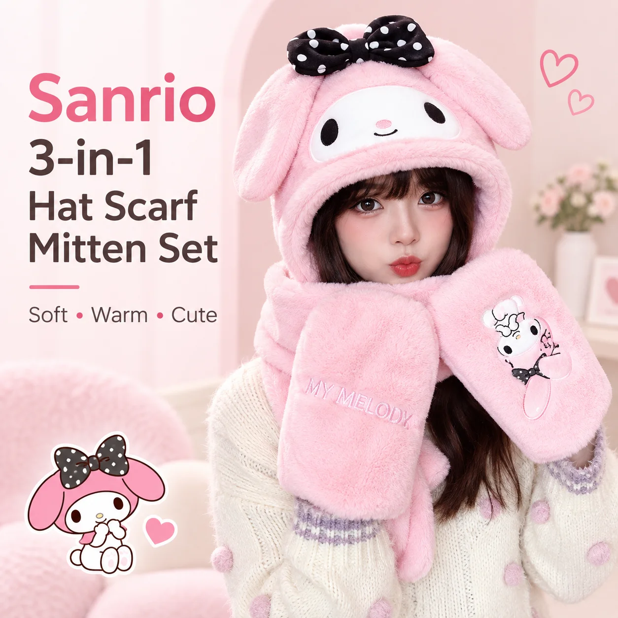 New Sanrio 3‑In‑1 Hat Scarf Glove Set My Melody Winter Autumn Outdoor Commute Warm Plush Hat Scarf Cute Jk Style Accessory Gift