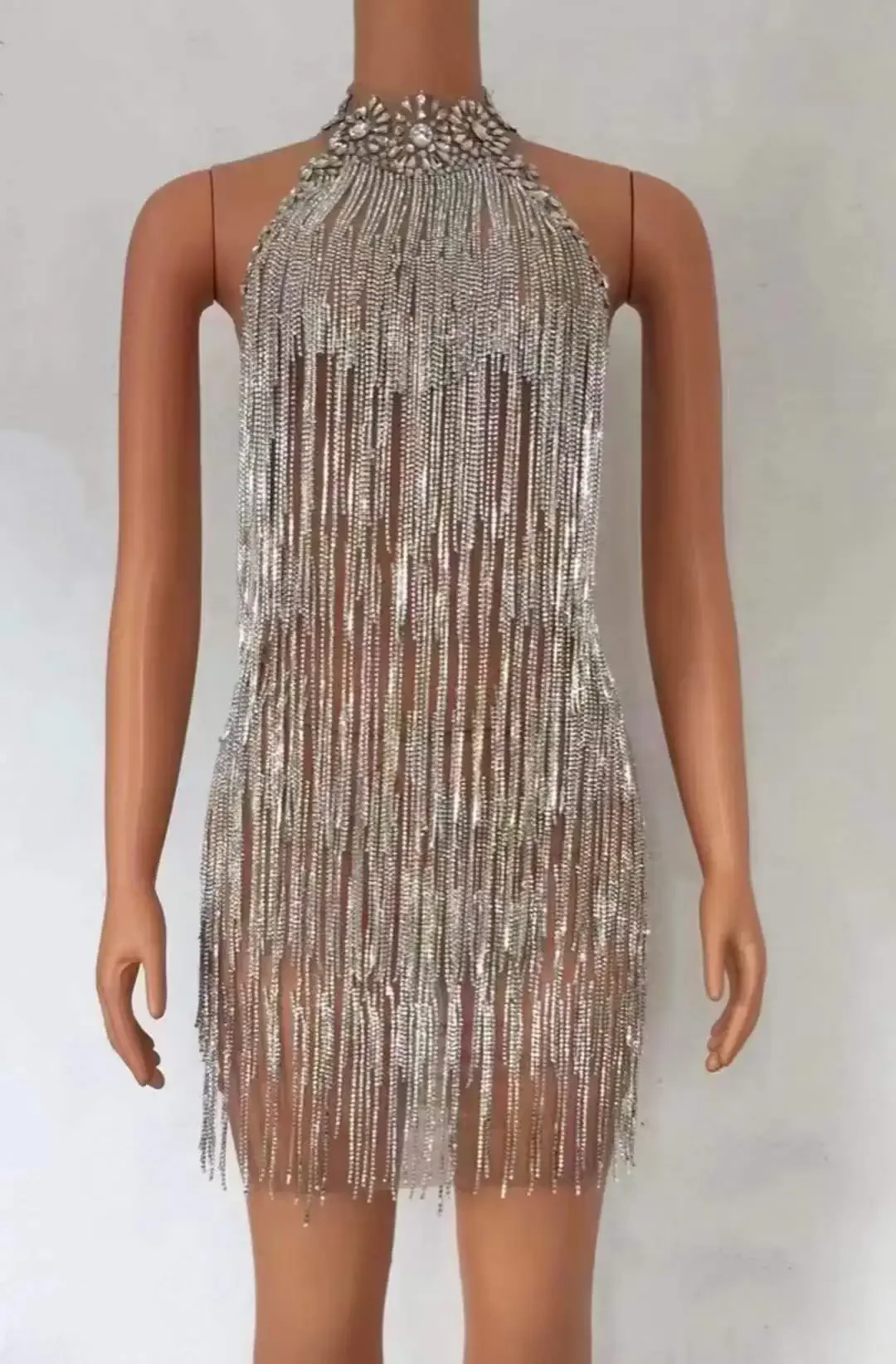 Backless Fringe Drill Chain Shining Mini Dress Birthday Women Party Prom Bar Outfit Celebrate Dancer Evening Dresses