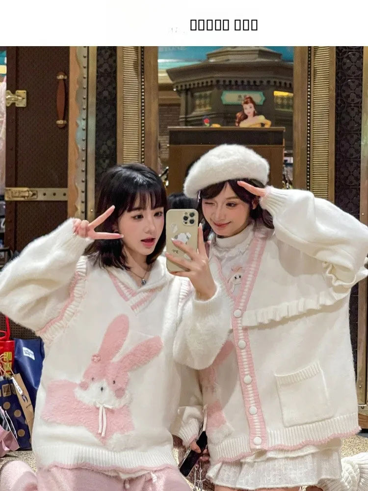 

Милый вязаный свитер с кроликом для женщин, свободный крой, V-образный вырез, осенняя новинка, удобный, дышащий, повседневный, модный, с животным принтом