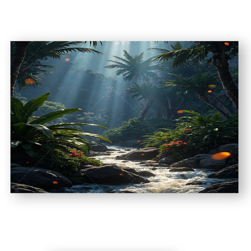 قطعة واحدة من نسيج الجدار نسيج تيار الغابة الاستوائية - أشجار النخيل المضاءة بالشمس ومشهد النهر