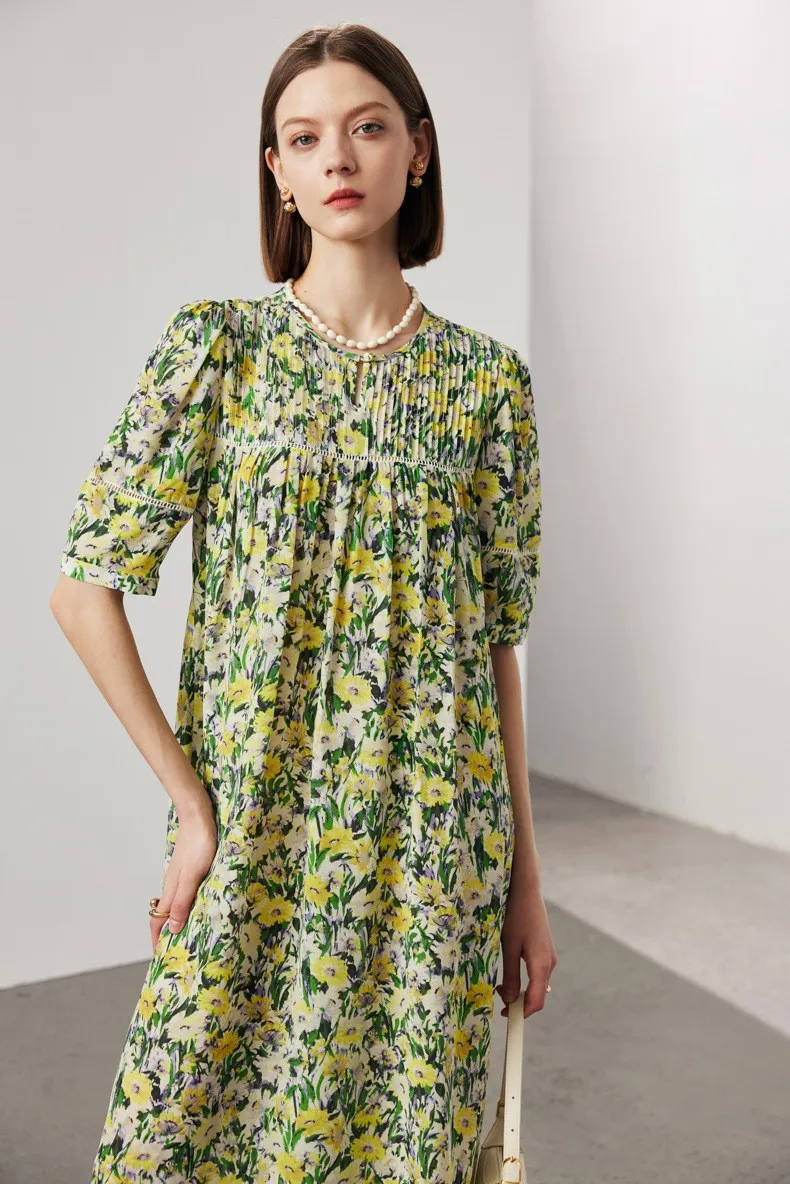 100% 天然シルクの女性のドレス O ネック半袖花柄プリントシャーリングハイストリートファッション Vestidos