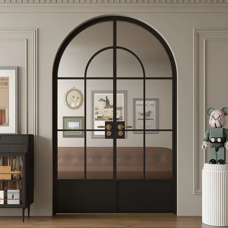 Whole House Customization Ultra Narrow Retro Black Aluminum Alloy Double Door Circular Arc Arch Old Steel Window French Style