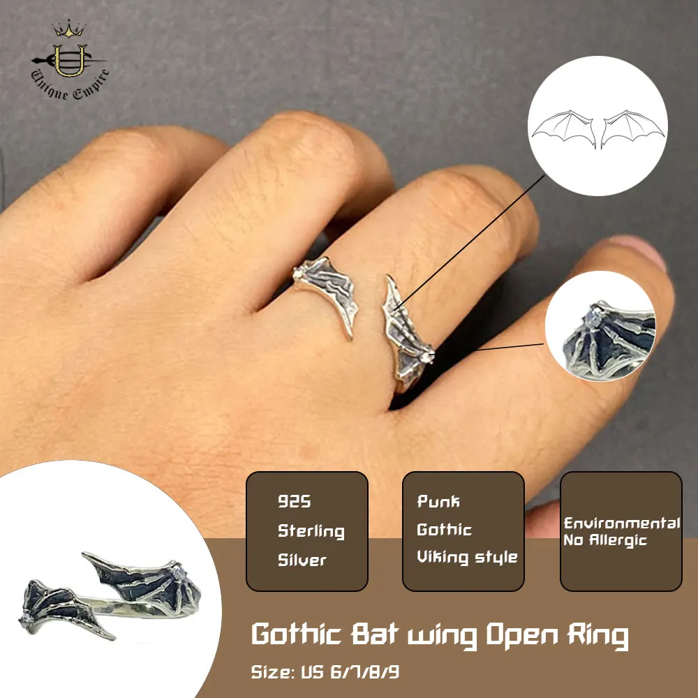 925 Sterling Silver Gothic Bat Wing Inlaid White Zircon Open Ring Skull Claw Halloween Party For Men And Women Fashion Anniversa