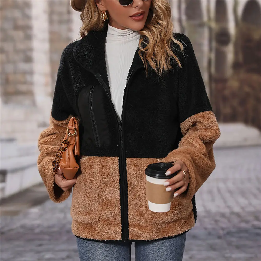 Women Warm Coat Lady Loose Casual Long Sleeve Polar Fleece Zipper Jacket Color Block Coat Fashion Tops