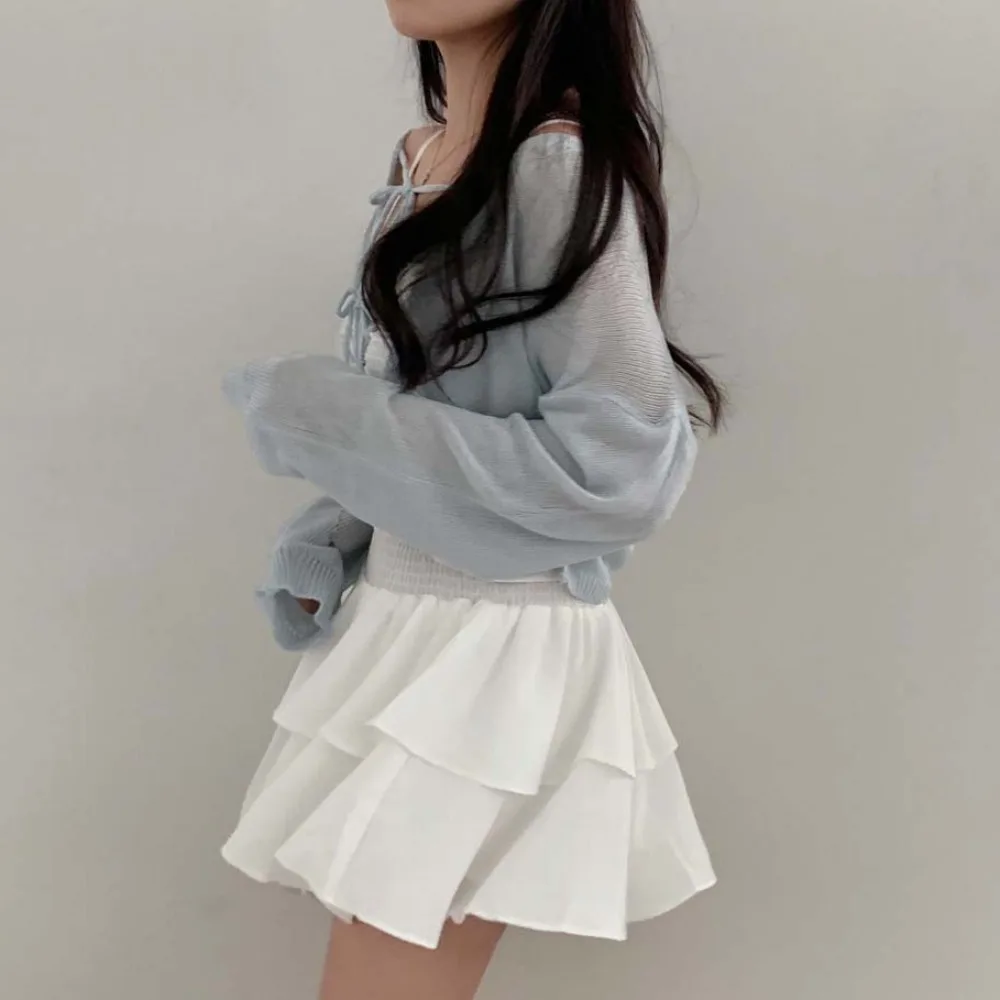 سترة نسائية محبوكة طويلة من Sve لربيع وخريف كورية أنيقة ملفوفة على الكتف وعقدة ملونة