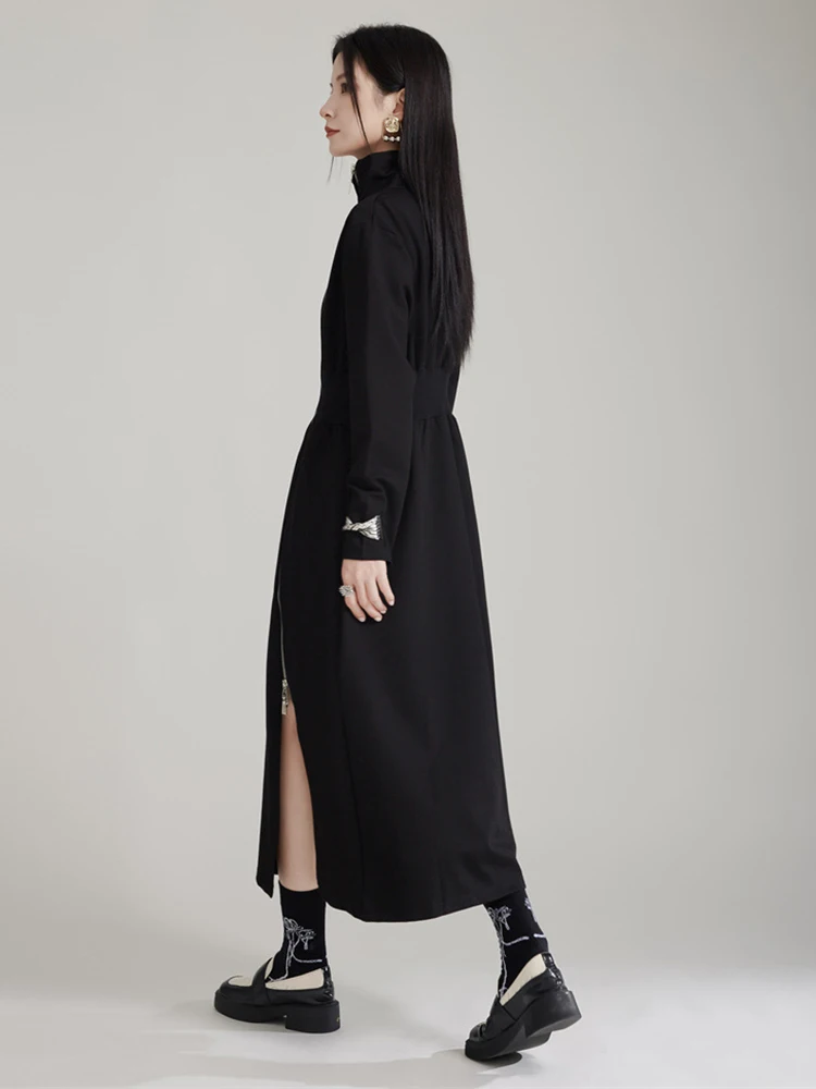 [EAM] Women Black Zipper Slit Irregular Elegant Long Dress New Turtleneck Long Sleeve Fashion Tide Spring Autumn 2024 1DH7991