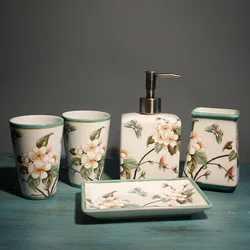 Flowers Ceramic Toothbrush Holder Storage Divided Bottle Bathroom Accessories Floral Mouthwash Cup Lotion Bottle Bathroom Decor