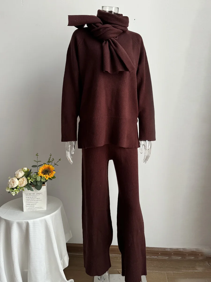 Herfst en winter nieuwe mode luie wijde broek tweedelige set effen kleur losse gebreide trui + broek met sjaal