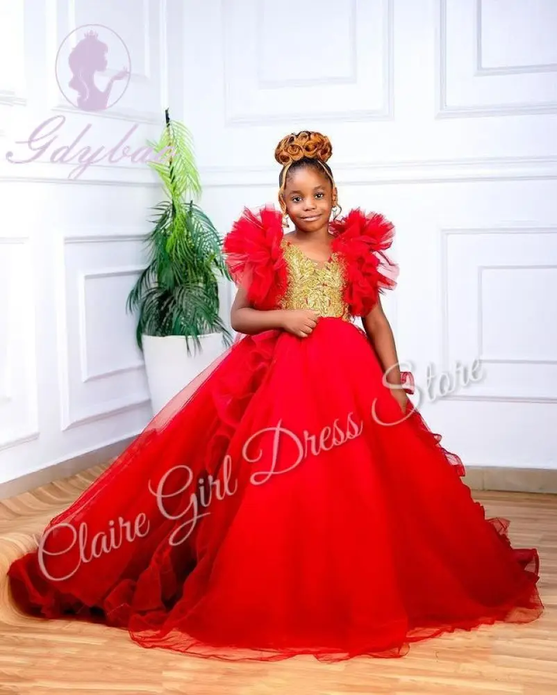 Customized Red Flower Girl Dresses For Wedding Lace Tulle Gold Appliques Kids Birthday Party First Communion Pageant Gown