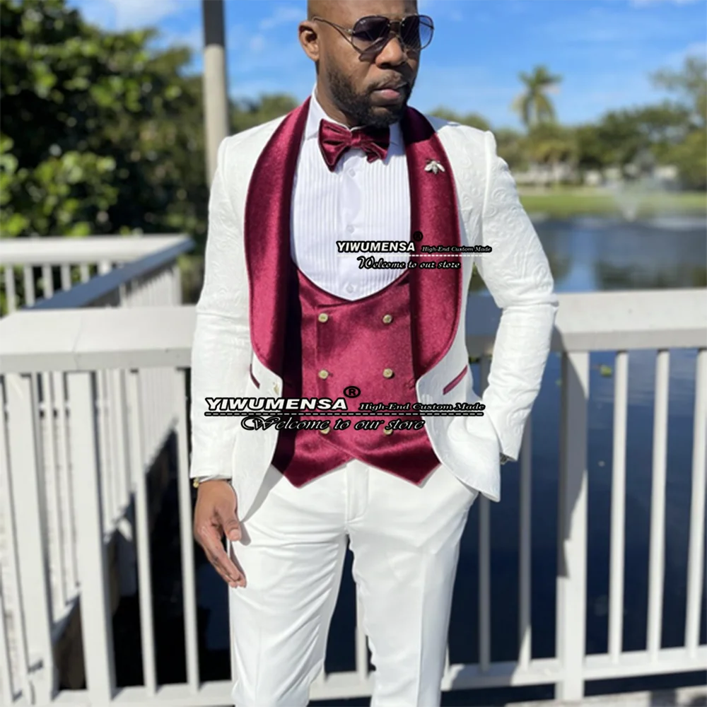 

Classic White Suit For Wedding Formal Men Tuxedo Groom Wear Jacquard Jacket+Velvet Vest+Pants 3 Pieces Business Smoking Blazer