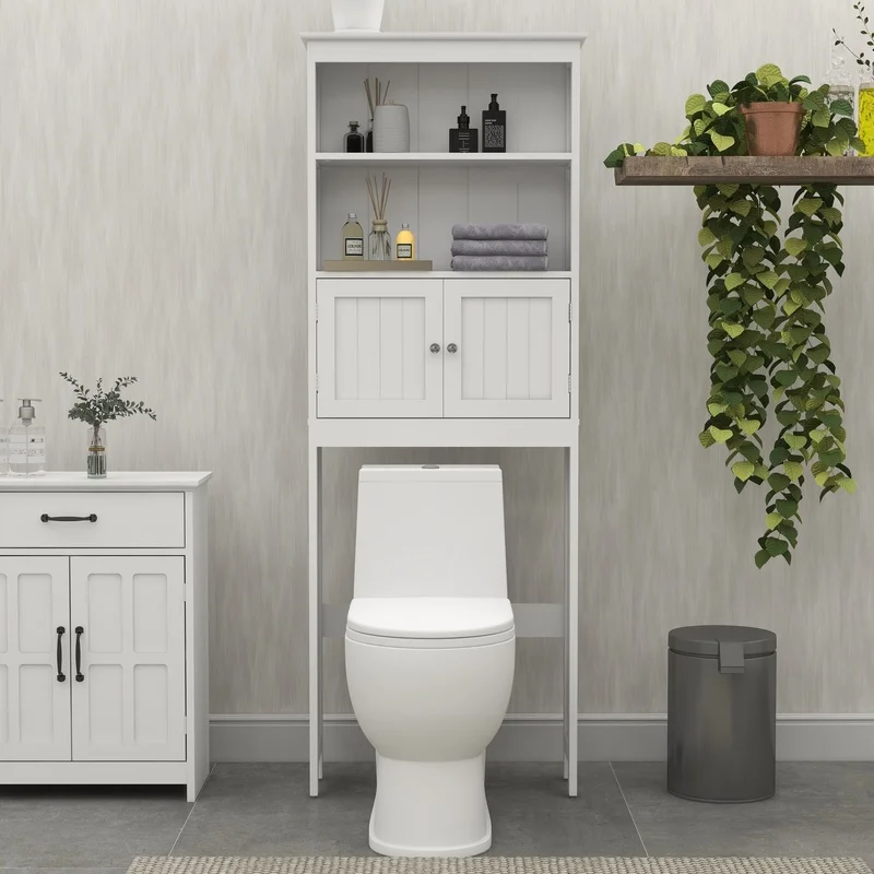 

2-Tier Over-the-Toilet Storage Cabinet with Doors, Freestanding Bathroom Shelf Organizer, White Wood Design