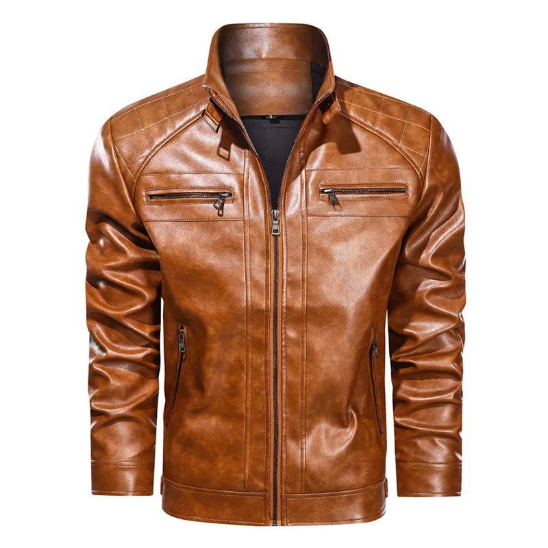 Man Leather Jacket Autumn Simple Stand Collar Long Sleeve Male Coat High Street Punk Waterproof Windproof Zipper Men Outerwear