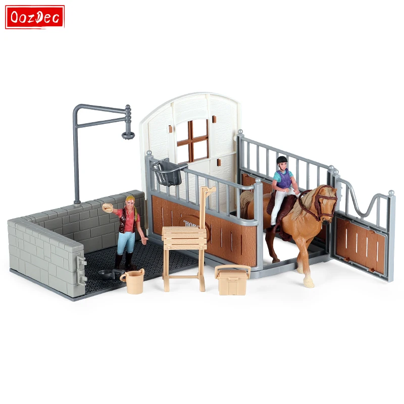 OozDec 13 Pieces Horse Stable Playset Toys with Horse Wash Area and Fence Playset Rider Horses Toy Figures for Boys and Girls