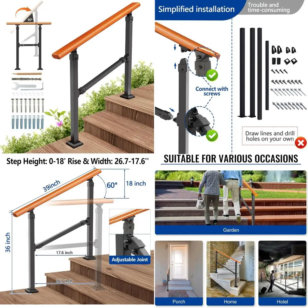 مجموعة درابزين الدرج الداخلي من الحبوب الخشبية، نمط حديدي، مناسبة لـ 1-3 خطوات، سهلة التركيب، دعم متين #1
