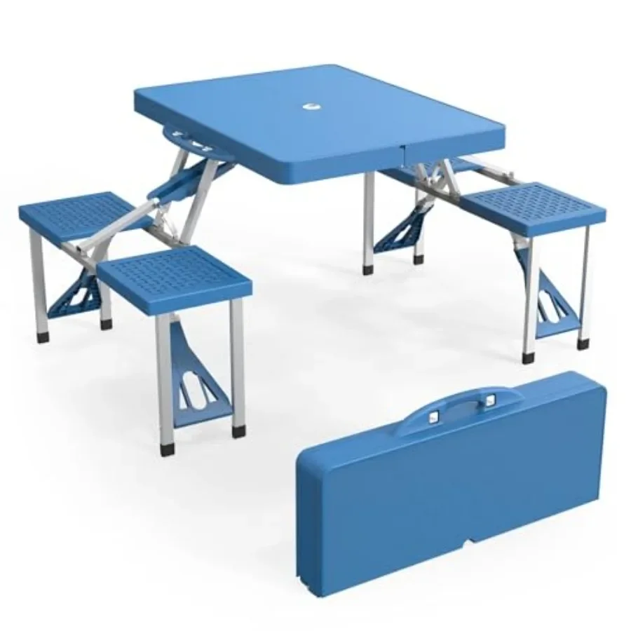 

Outdoor folding picnic table with 4 chairs and umbrella hole: aluminum frame, plastic tabletop, black, supports 220 lbs, lightw