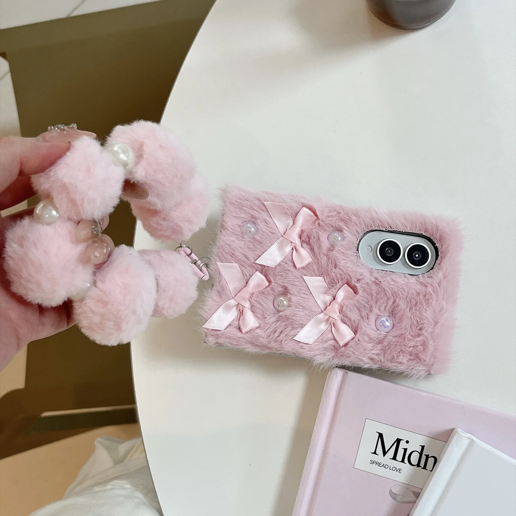 Pink Bowtie Pearl Bracelet Plush Phone Case for iPhone Dou- Cute Furry Cover with Handle Protection