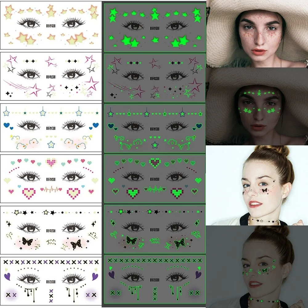 6 Sheets Luminous Face Tattoo For Women Body Art Stars Butterfly Freckles Tattoo Stickers Makeup Tools For Music Festival Gigs