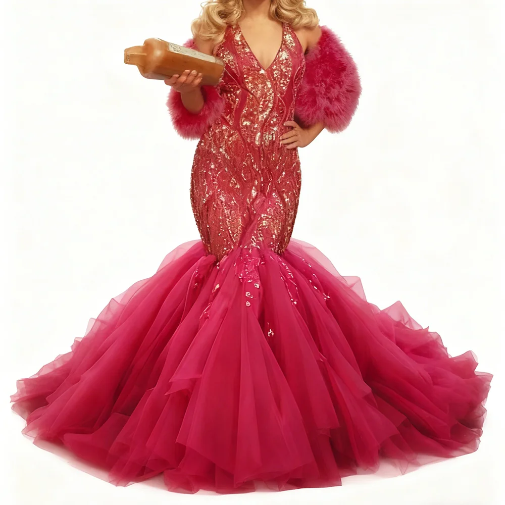 

Изысканный V-образный вырез, блестящие блестки и бисер без рукавов, вечерние платья русалки, платье знаменитости по индивидуальному заказу