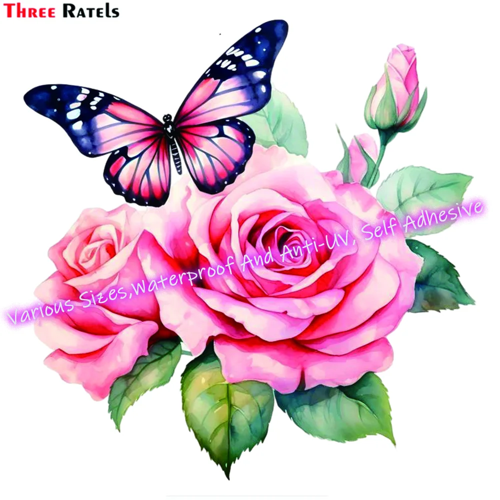 Three Ratels M249 Butterflies And Roses Windshield Stickers Vinyl Material Anime Waterproof Decals Anti Scratch  Film