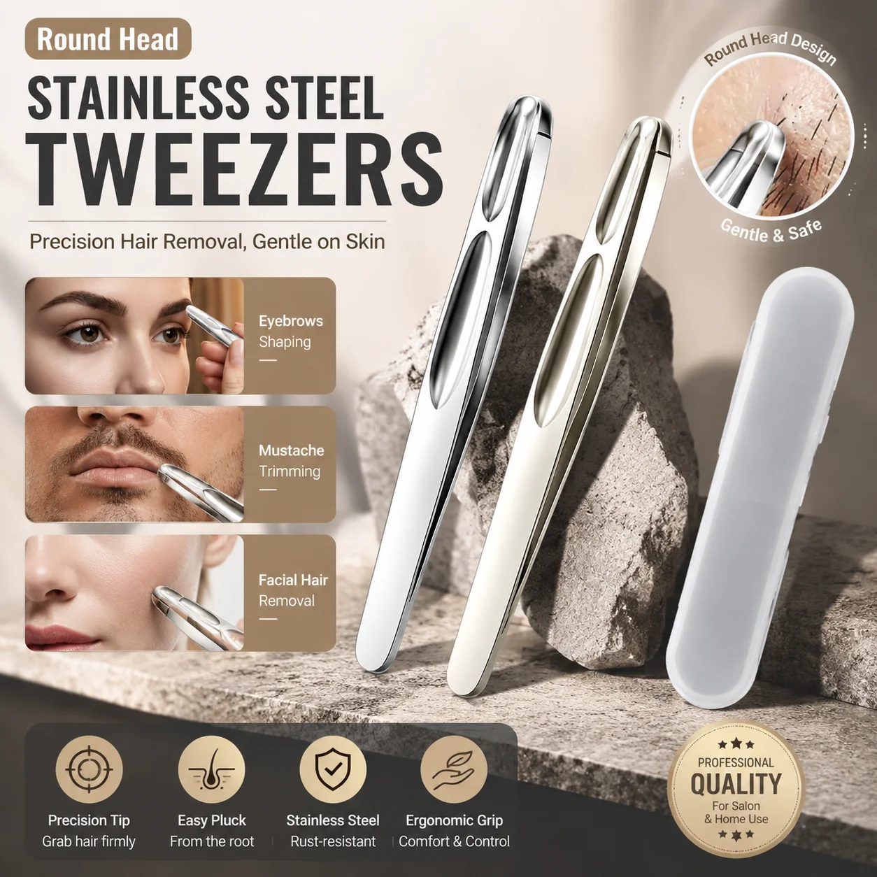 Round Head Eyebrow Tweezers Stainless Steel Precision Hair Removal Clip for Facial Hair Mustache Beard Trimming Beauty Tool