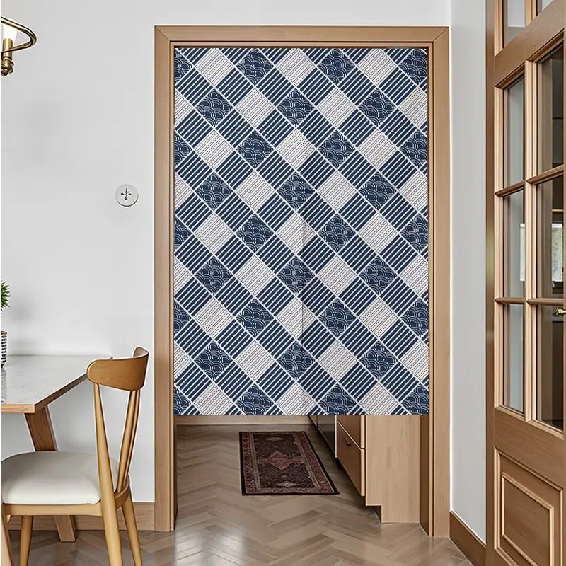 VIKAMA Japanese Four Pattern Door Curtain Blue White Checkered Seigaiha Wave Wind Chime Cherry Blossom Crane Traditional Motif