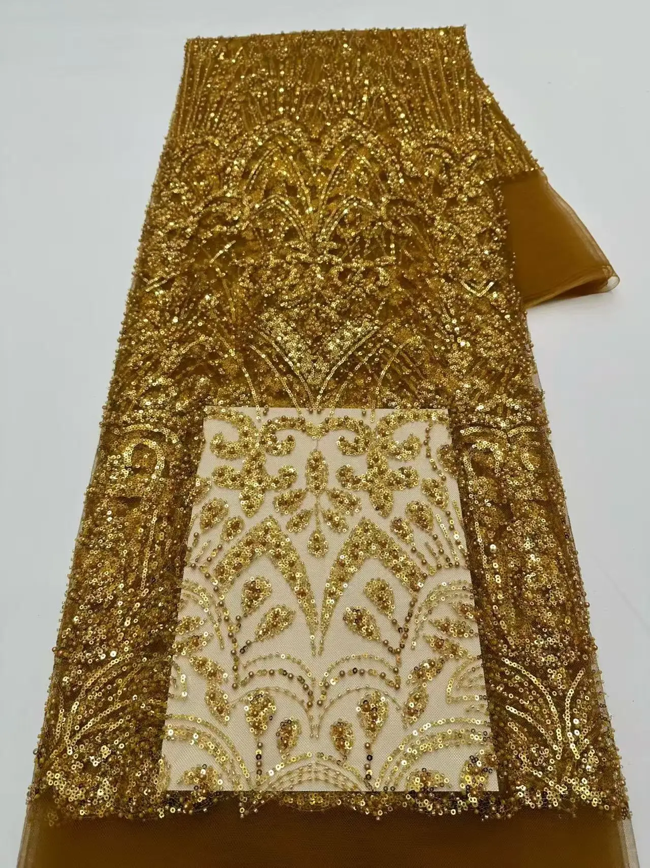 

Luxury African Fabric Lace 5 Yards Beaded Lace High Quality Sequins French Lace Fabrics Nigerian Mesh For Wedding Dress Sewing